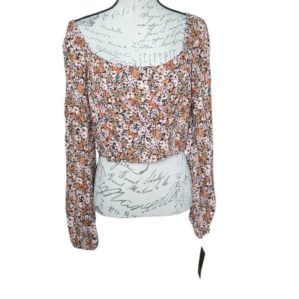 Wild Fable Women's Size Large Pink Floral Cropped Long Sleeve Peasant Blouse